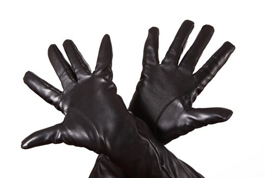 isolated hand with black gloves on white background