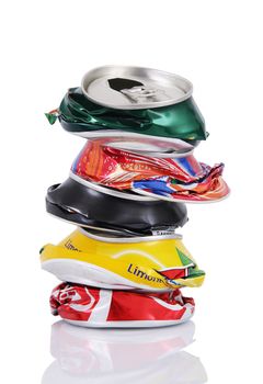 Crushed stacked aluminum can on white background
