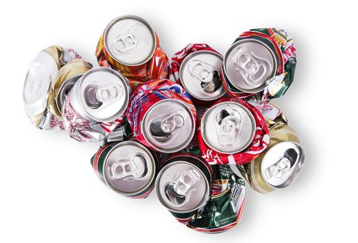 Crushed aluminum can on white background