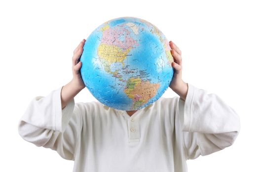 Little boy holding with hands a globe in place of head