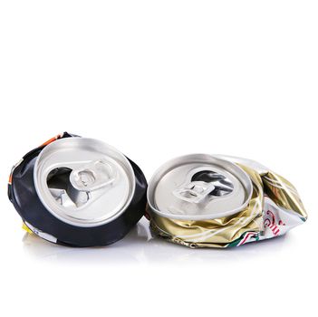 Crushed aluminum can on white background