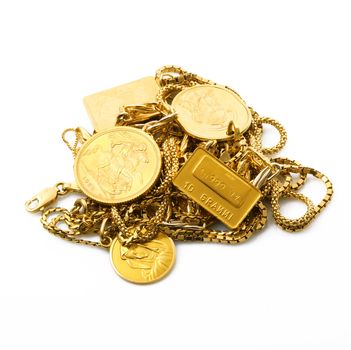precious gold objects on white background