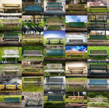 collage of benches in public park
