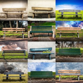collage of benches in public park