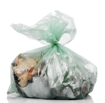 bag full of garbage on white background