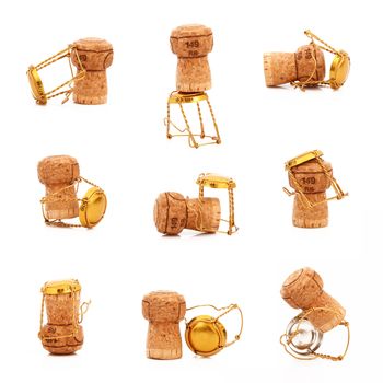 champagne cork collage on white background