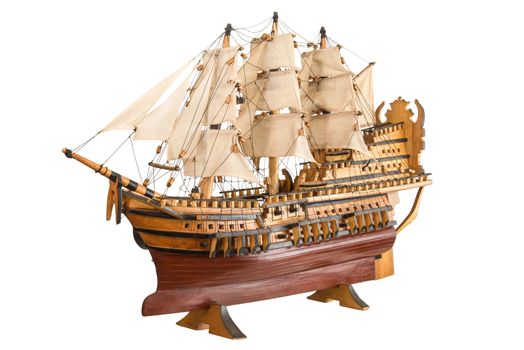 old model of galleon on white background