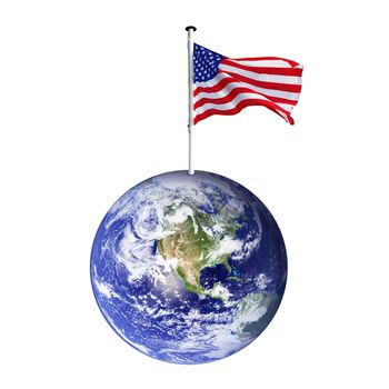 the planet Earth with american flag on white background