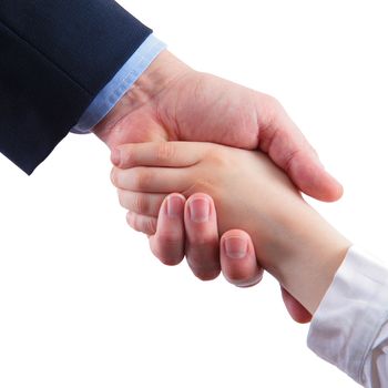 father holding his son by the hand on white background