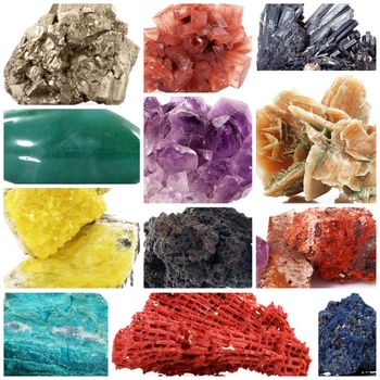 isolated mineral crystals collage on white background