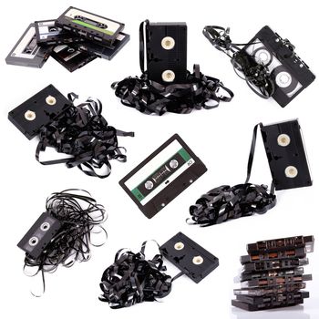 old audio cassette tape collage on white background