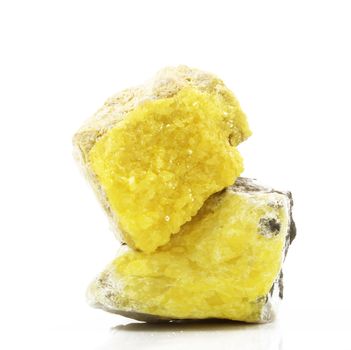 Sulphur crystals on white background