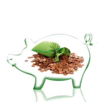 piggy with money on white background
