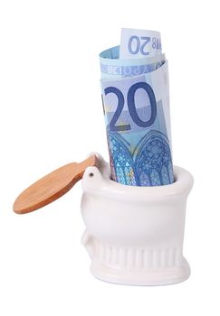 Money in toilet on white background