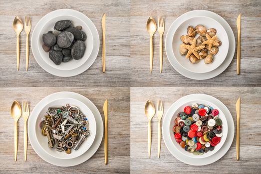 strange dish collage on wooden background