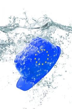 blu helmet falling in water