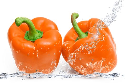 fresh peppers falling in pure water