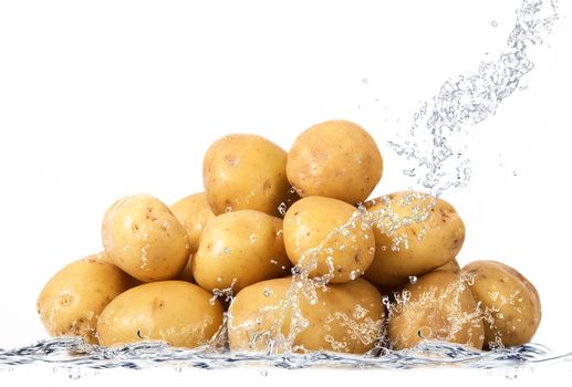 fresh potatoes falling in pure water