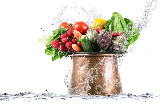 fresh vegetables in  big copper pot