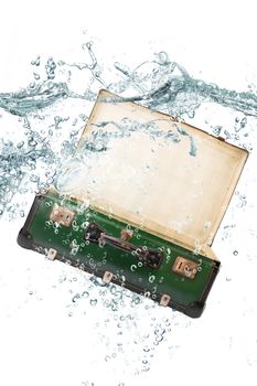 fresh in suitcase falling in water