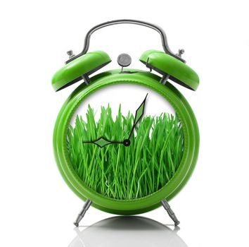 isolated alarm clock with grass dial on white background