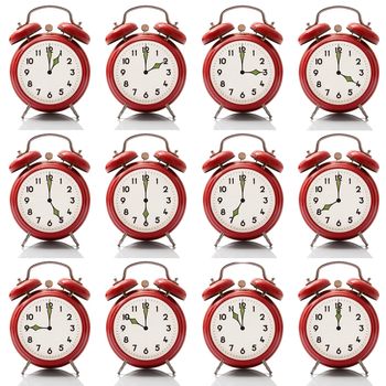 isolated collage alarm clock at every hour on white background
