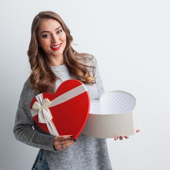 Woman open heart shaped box , Valentines day love concept