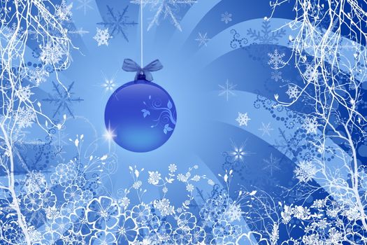 In images Blue Christmas Ball Hanging on a Tree Branch in the Snow Winter Forest