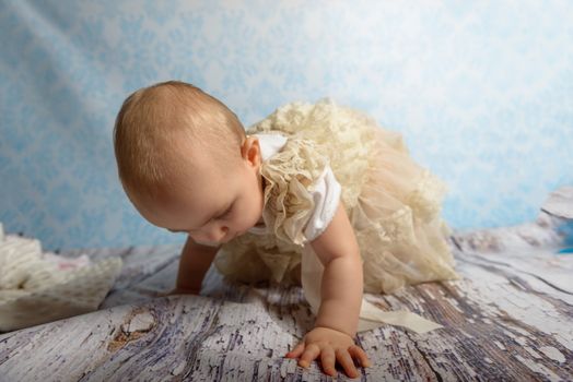 Portrait of adorable baby girl. Childhood. Authentic image