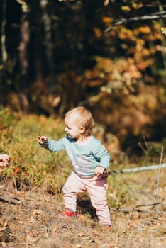 Adorable girl having fun on beautiful autumn day. Authentic picture.