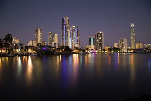 Reflections of Surfers Paradise city at dusk.