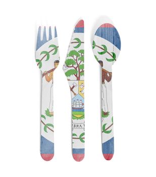 Eco friendly wooden cutlery - Plastic free concept - Isolated - Flag of Belize