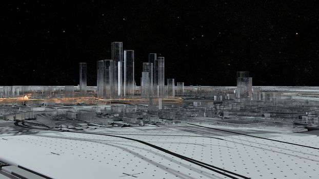 Abstract 3D city of glass with luminous roads on the surface imitating a spaceship. 3D illustration. The concept of a future city. Element of this image furnished by NASA