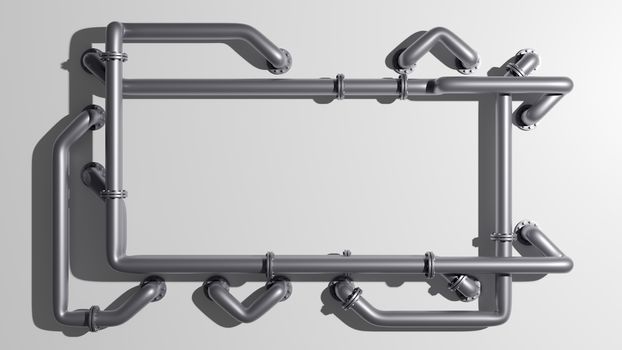 A rectangular banner with an empty space in the middle is entangled in pipes with flanges. Industrial concept. Metal pipes, white background and shadow, 3D rendering