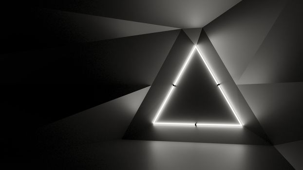 Abstract geometry lit by a neon white triangle lamp. Soft shadows. 3D illustration. The vanishing point of the wall geometry in the center of the image on the triangle