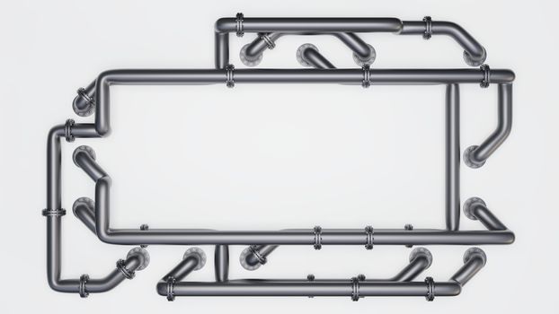 A rectangular banner with an empty space in the middle is entangled in pipes with flanges. Industrial concept. Metal pipes, white background and shadow, 3D rendering