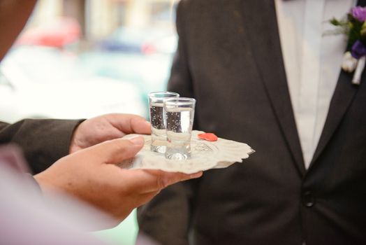 Traditional polish greeting the bride and groom by the parents with bread and salt. Vodka also in glasses.