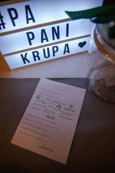 Beautifully decorated wedding table and other details at wedding hall. Wedding day