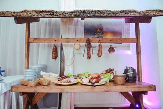 traditional polish rural table with food at the wedding.