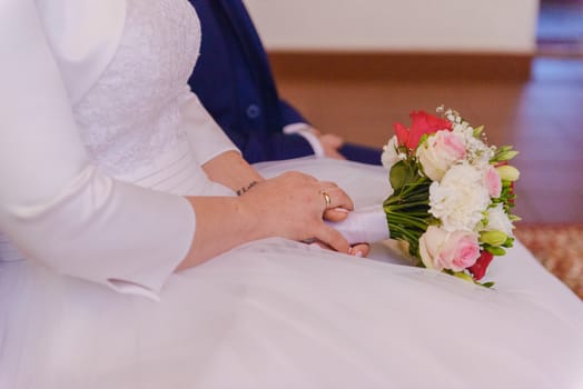 Bride and groom at church wedding during ceremony. Beautiful decoration