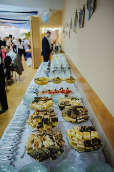 Delicious sweets on candy buffet. Wedding bakes on trays.