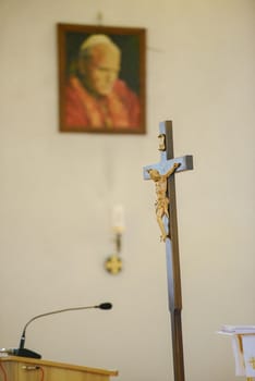 Bride and groom at church wedding during ceremony. Beautiful decoration