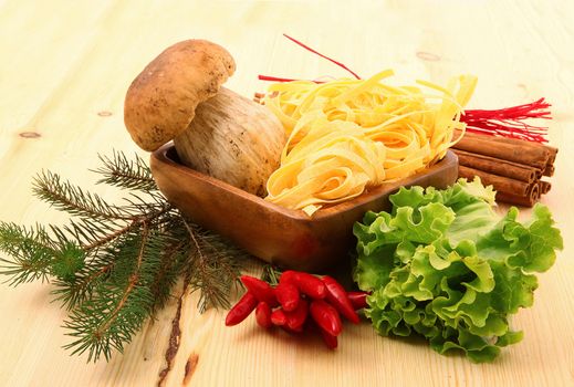 Ingredient for cooking Italian pasta with mushrooms