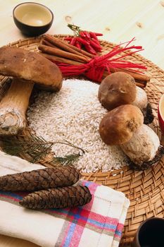 Ingredient for cooking Italian rice with mushrooms