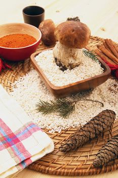 Ingredient for cooking Italian rice with mushrooms