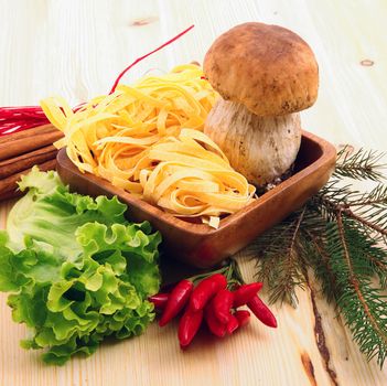 Ingredient for cooking Italian pasta with mushrooms