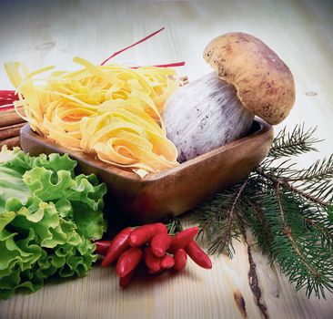 Ingredient for cooking Italian pasta with mushrooms
