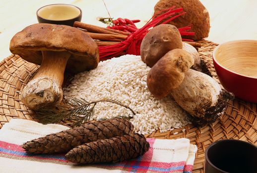 Ingredient for cooking Italian rice with mushrooms