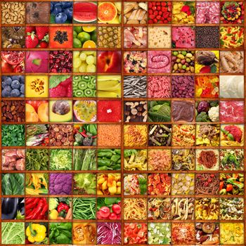 gastronomy collage on wooden board background