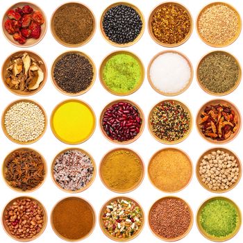aromatic ingradients collage on white background